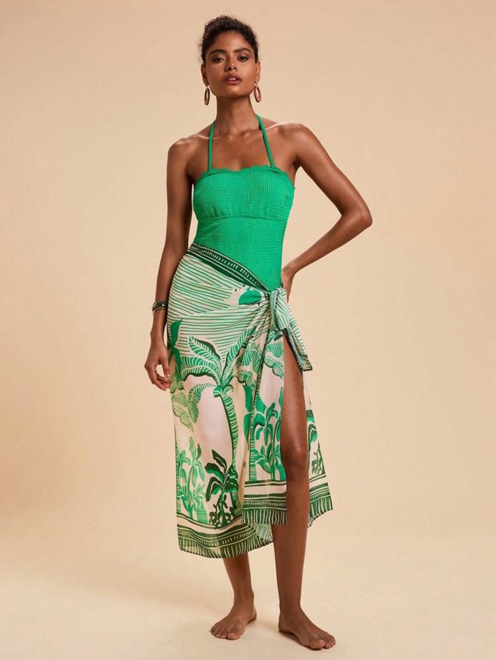SHEIN Green Palm-Print Swim Sarong Cover-Up - Picture 2 of 5